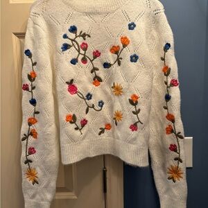Francesca's Collections White Sweater with Floral Embroidery